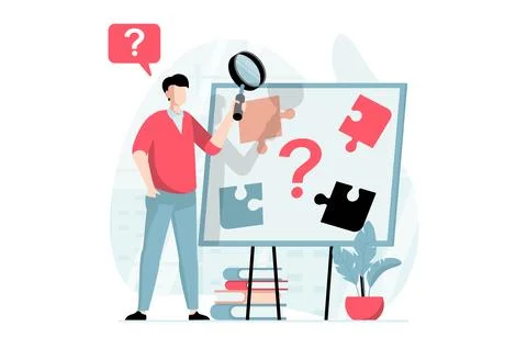 Finding solution concept with people scene in flat design. Man with magnifi.. Stockillustratie