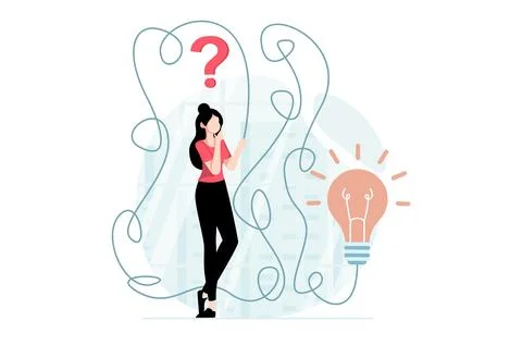 Finding solution concept with people scene in flat design. Woman thinks abo.. Stock Illustration