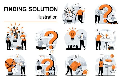 Finding solution concept with people scenes set in flat design. Women and men 스톡 일러스트