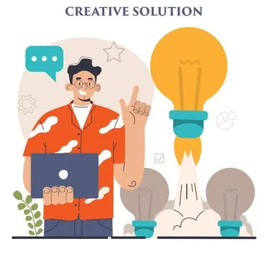 Finding a solution. Generation of a creative idea in a brainstorm. Illustrazione stock