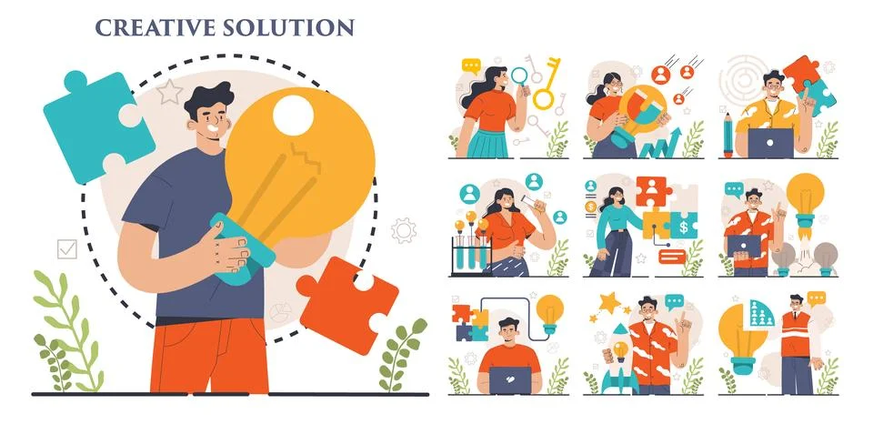 Finding a solution set. Generation of a creative idea in a brainstorm. Illustrazione stock