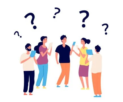 Finding solution. Thinking people, teamwork. Vector persons think with question Stock Illustration