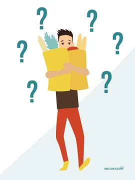 Finding solution. Young man with a product package with sign questions around Illustrazione stock