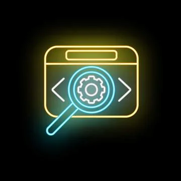 Finding website code settings with magnifying glass neon icon Stockillustratie