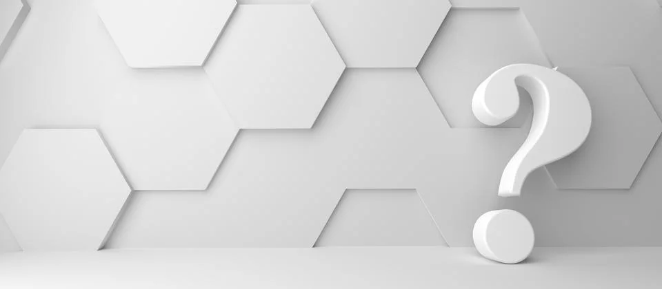 Fine 3d concept with a white question mark icon in a modern white hexagon room Ilustração Stock
