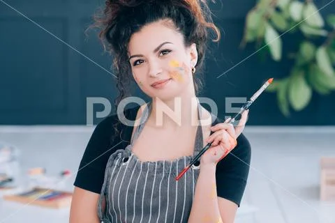 Fine art course portrait talented lady paintbrush Stock Photos