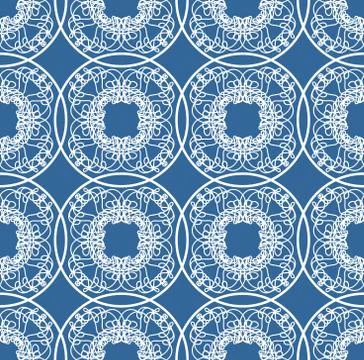 Fine blue geometric lace patterns on blue background. Stock Illustration