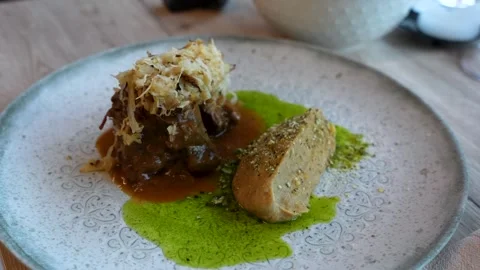 Fine dining beef cheek served with cauliflower purée Video stock 340274363