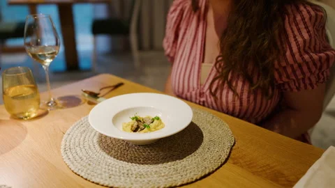 Fine Dining Course Served In Deep Wide Rimmed White Bowl Stock Footage 342336783