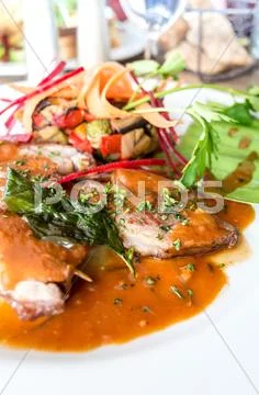Fine dining cuisine - french dish on the table Stock Photos