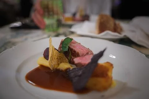 Fine dining dish with medium rare meat and crispy wafer in Rome. Stock Photos