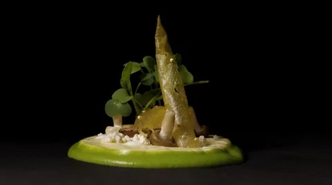 Fine dining dish turning around in black background Stock Footage 68965213