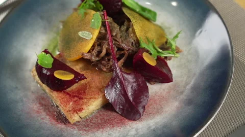Fine dining meal with meat on the restaurant table Video stock 236994740