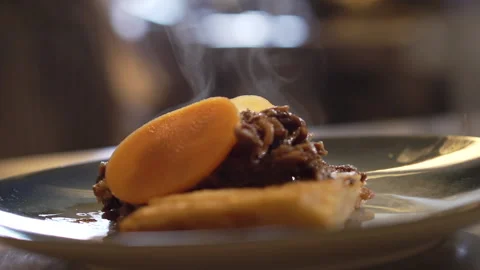 Fine dining meal with meat on the restaurant table Stock Footage 236994755