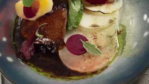 Fine dining meal with meat on the restaurant table Video stock 236994796