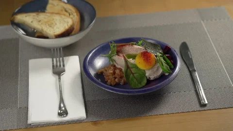 Fine dining meal with meat on the restaurant table Video stock 236994844