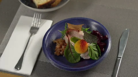 Fine dining meal with meat on the restaurant table Video stock 236994847