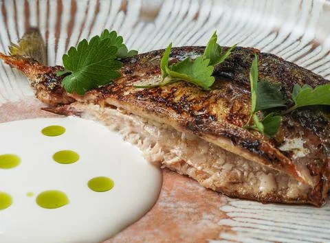 Fine Dining Presentation of Cooked Fish with Crispy Skin and Creamy Sauce.. Stock Photos