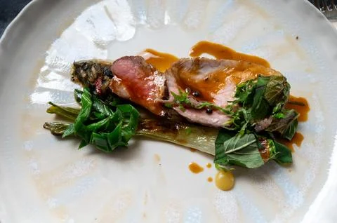 Fine dining in restaurant with chef, main dish pork, sauce, grilled leek, f.. Stock Photos