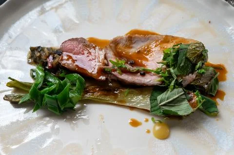 Fine dining in restaurant with chef, main dish pork, sauce, grilled leek, f.. Stock Photos