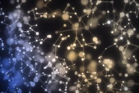 Fine lines link bright circular nodes across a softly blurred field, shifti.. Stock Illustration