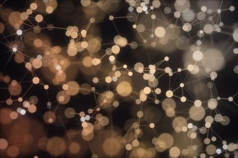 Fine lines link scattered circular nodes across a softly blurred dark backg.. Stock Illustration