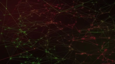Fine luminous pathways and scattered nodes shift between emerald and scarle.. Stock Footage 347289786