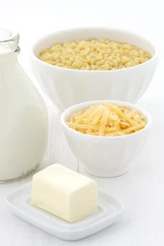 Fine macaroni and cheese ingredients Stock Photos