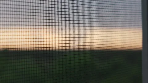 Fine Mesh Mosquito Screen on Window Over Sunset Field Background Stock Footage 334735671