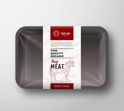 Fine Quality Beef Meat. Abstract Vector Plastic Tray Container with Cellophane Stock Illustration