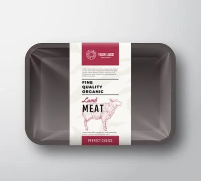Fine Quality Lamb Meat. Abstract Vector Plastic Tray Container with Cellophane Illustrazione stock