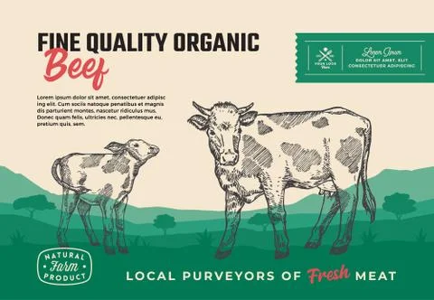 Fine Quality Organic Beef. Abstract Vector Meat Packaging Design or Label Stock Illustration