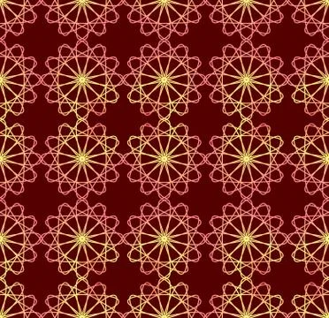 Fine red and yellow patterns on dark red background. Filigree symmetric shapes Stock Illustration