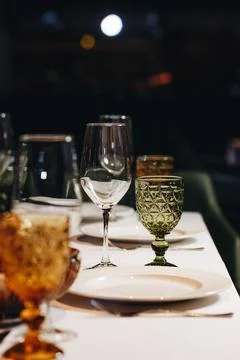 Fine restaurant dinner table place setting Stock Photos
