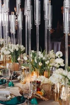 Fine restaurant dinner table place setting Stock Photos