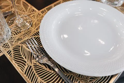 Fine restaurant dinner table place setting Stock Photos