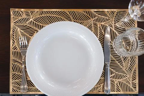 Fine restaurant dinner table place setting Stock Photos