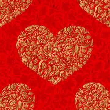 Fine seamless vector pattern with ornate hearts. Golden line art decor on blue Illustrazione stock