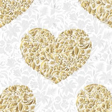 Fine seamless vector pattern with ornate hearts. Golden line art decor on blue 스톡 일러스트