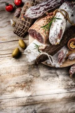 Fine selection of dry meat and sausages Stock Photos