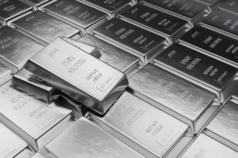 Fine Silver bars or ingots in bank vault background. Precious metal.3d Ilustración de archivo