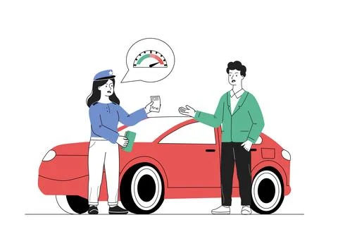 Fine for speeding. Policewoman issues fine to man. Driver was speeding in city イラスト素材