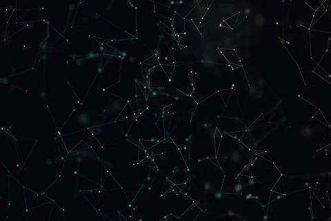 Fine teal lines join small glowing nodes into an irregular polygonal networ.. Illustration