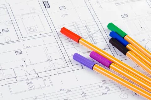 Fineliners on drawing Stock Photos