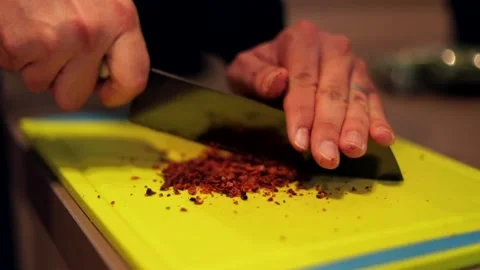 Finely chopping bacon in slow motion Stock Footage 149118710