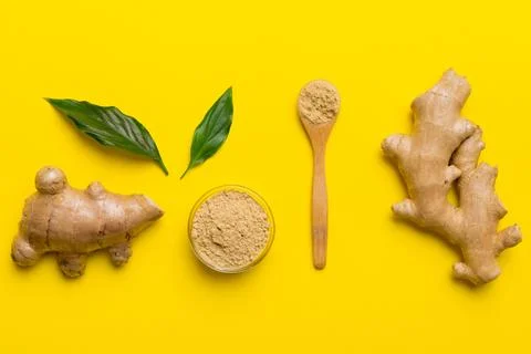 Finely dry Ginger powder in bowl with green leaves isolated on colored backgr Stock Photos