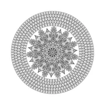 A finely rendered circular flower composition features repeating petals, ge.. Stock Illustration