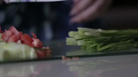 Finely sliced green onions on board Stock Footage 59139334