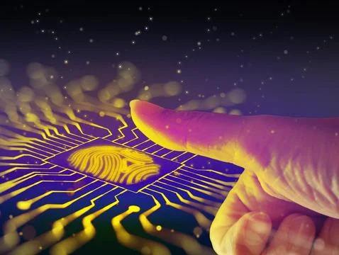 A finger is about to scan or activate a golden glowing 3D fingerprint Stock Photos