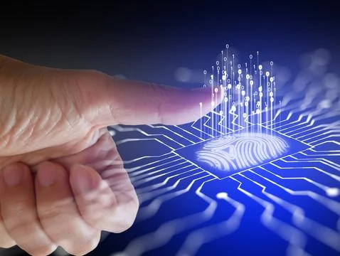 A finger is about to scan or activate a glowing 3D fingerprint Stock Photos